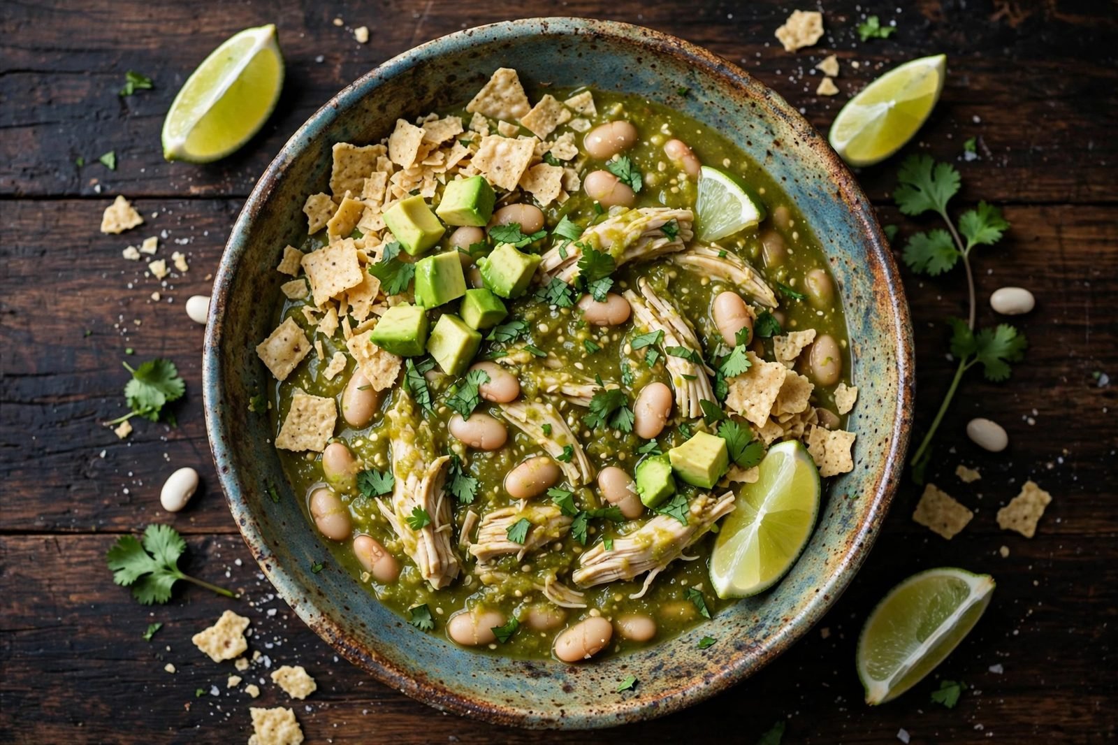 Bowl of chicken chili verde with avocado, cilantro, lime, and tortilla chips