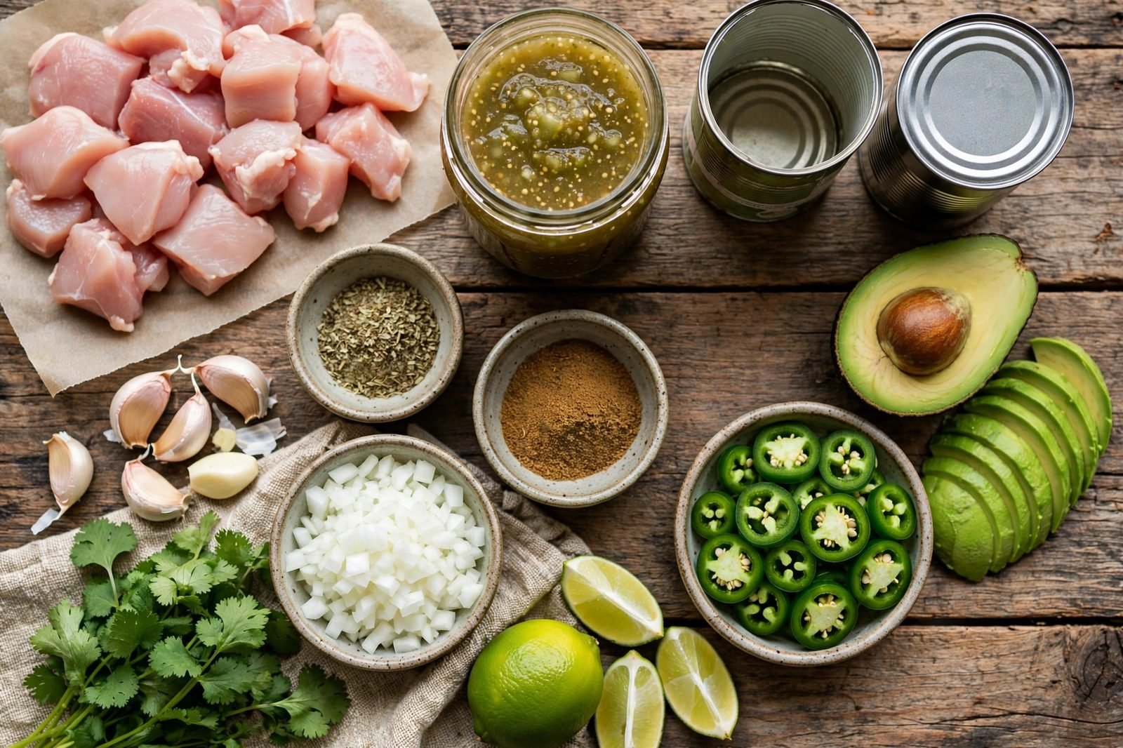 Ingredients for chicken chili verde arranged on a kitchen counter