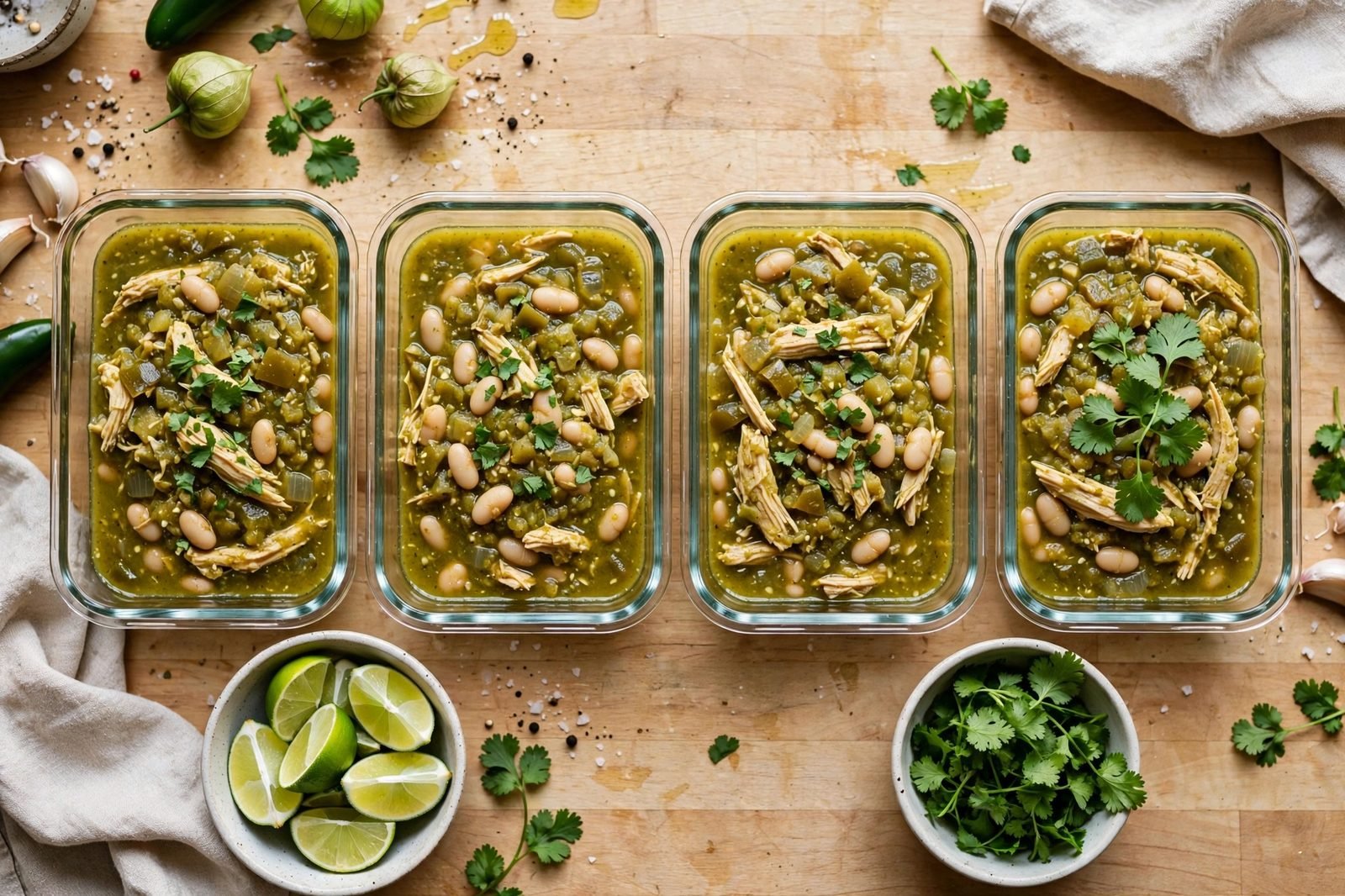 Meal-prep containers of chicken chili verde
