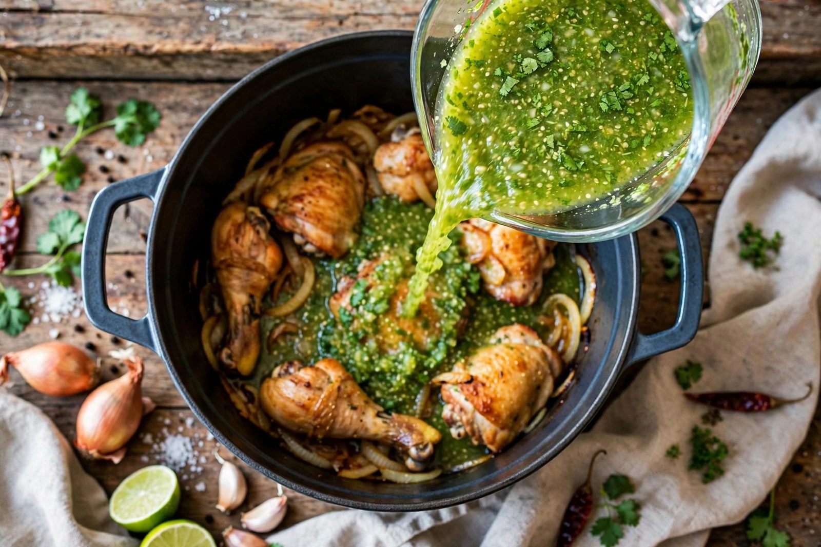 Salsa verde being poured into the pot