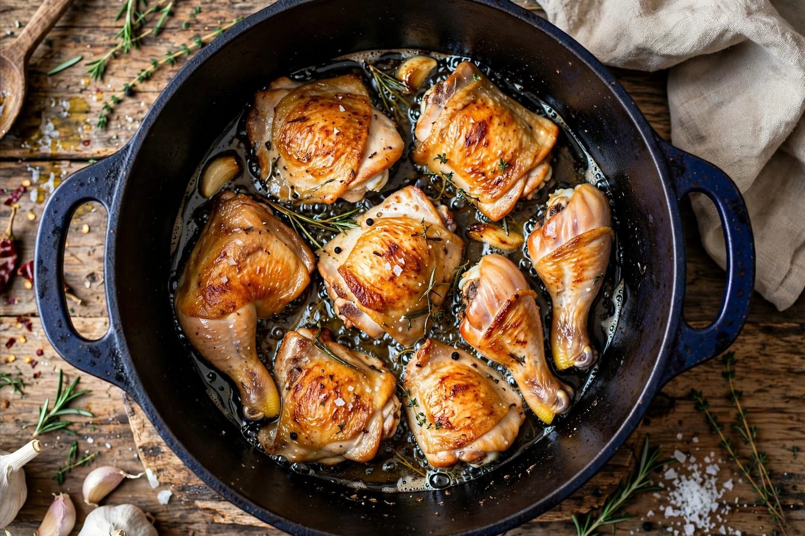 Chicken pieces searing in a Dutch oven