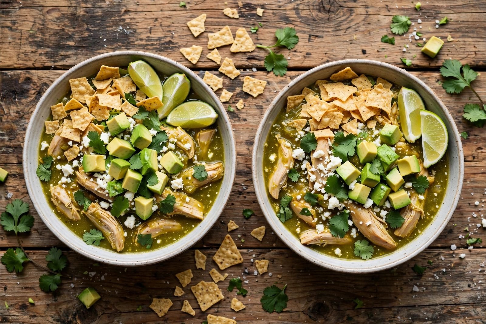 Served bowls of chili verde with toppings
