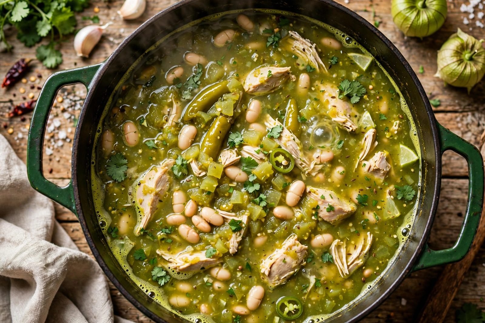 Chicken chili verde simmering with white beans
