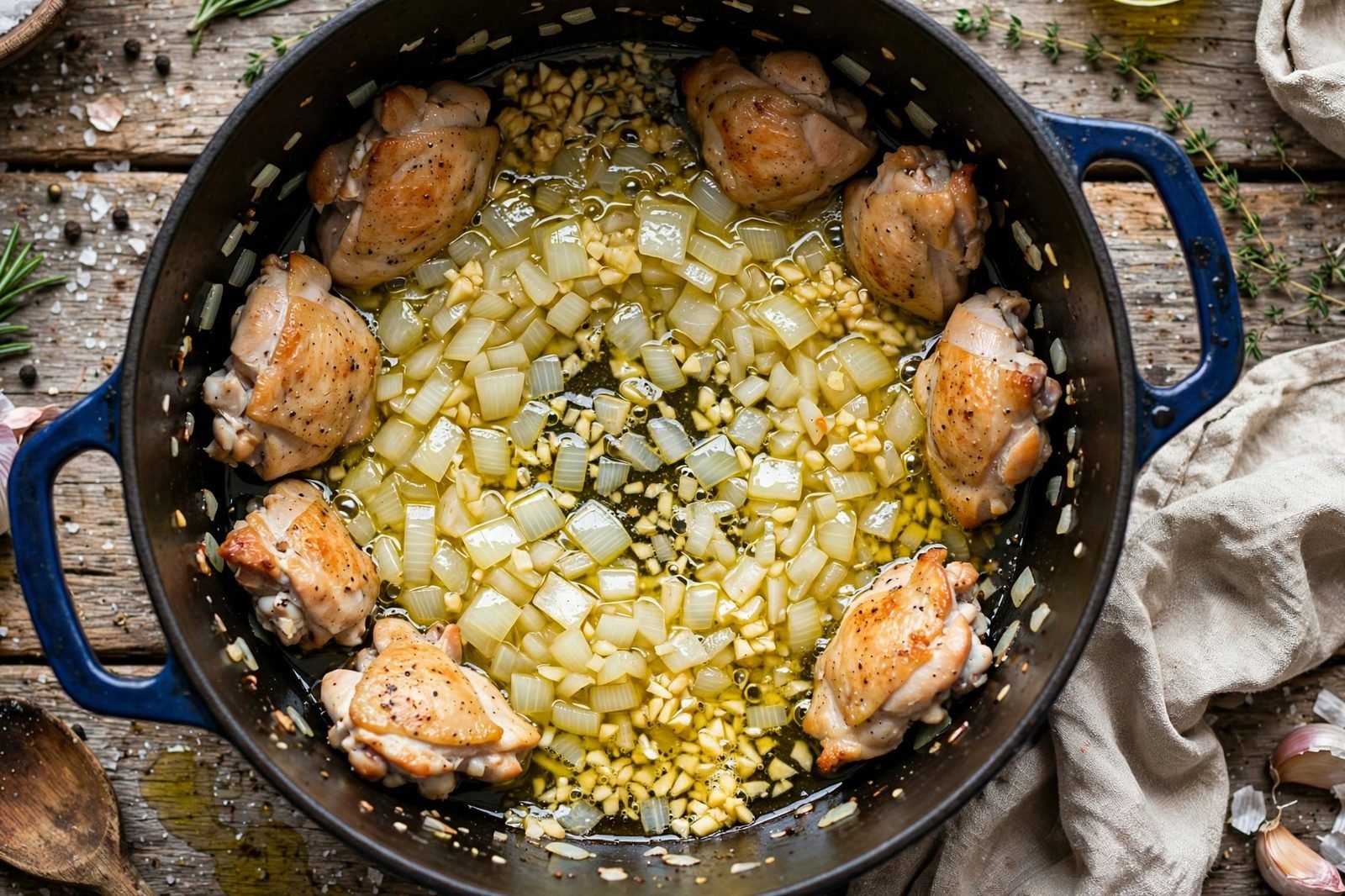 Onion and garlic softening in the pot