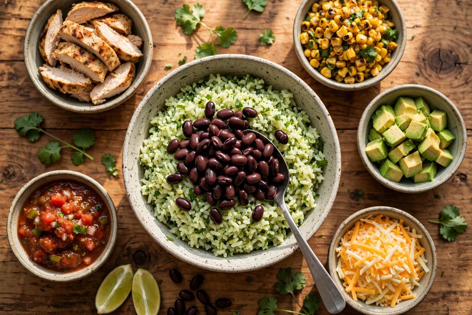 Spooning chicken, beans, and corn over cilantro-lime rice in bowls