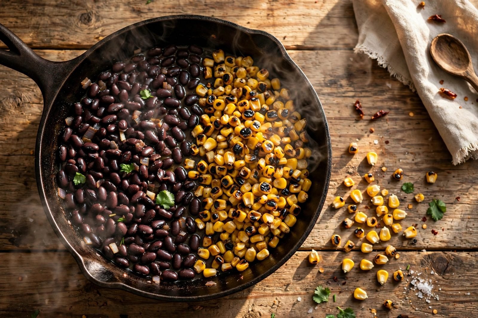 Black beans warming in the skillet beside charred corn