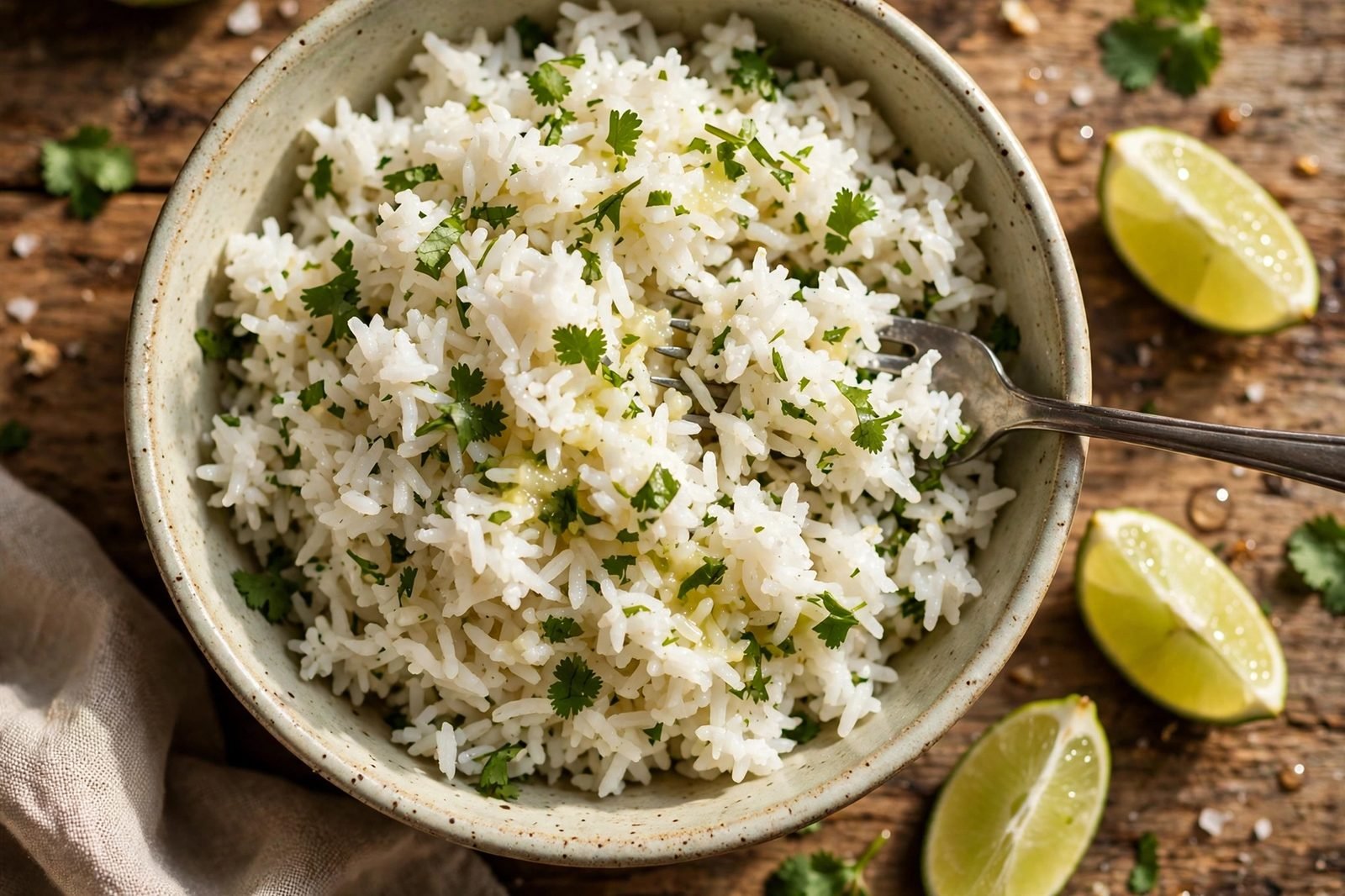 Fluffed rice tossed with chopped cilantro and lime juice