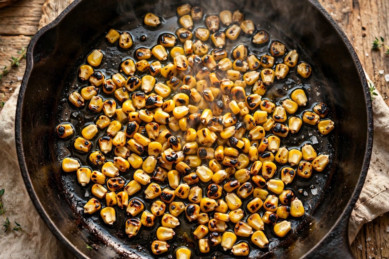 Corn kernels charring in a skillet