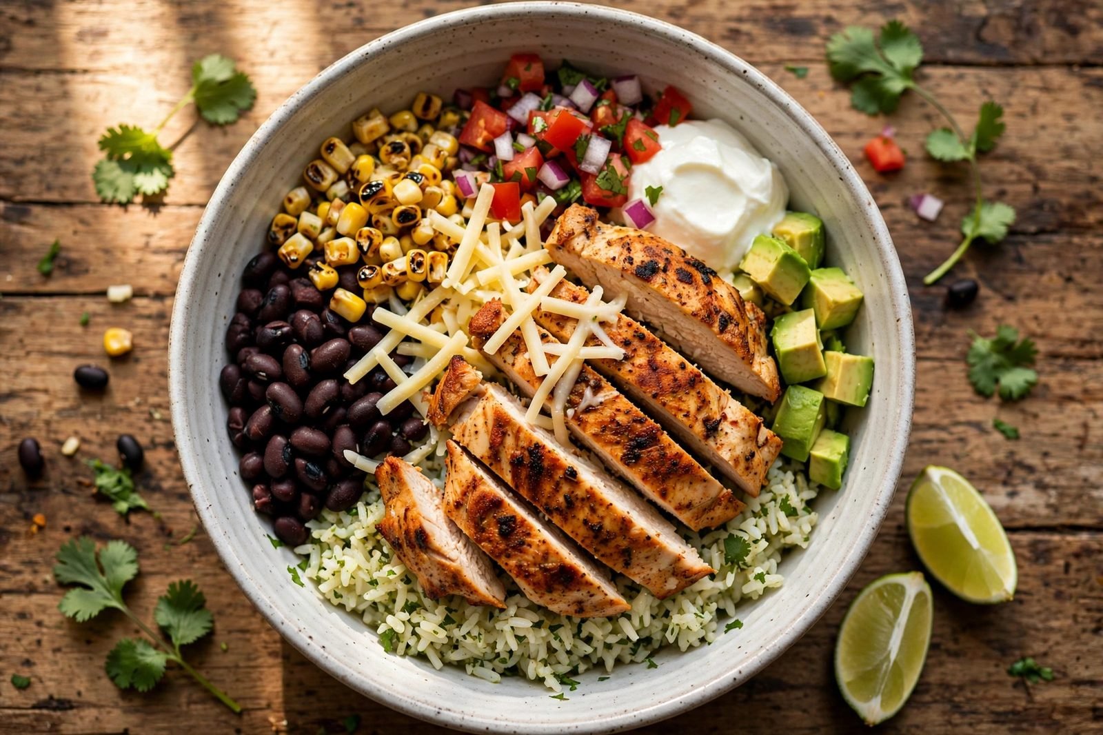 Overhead of a finished chicken burrito bowl with seasoned chicken, cilantro-lime rice, black beans, corn, avocado, cheese, and salsa