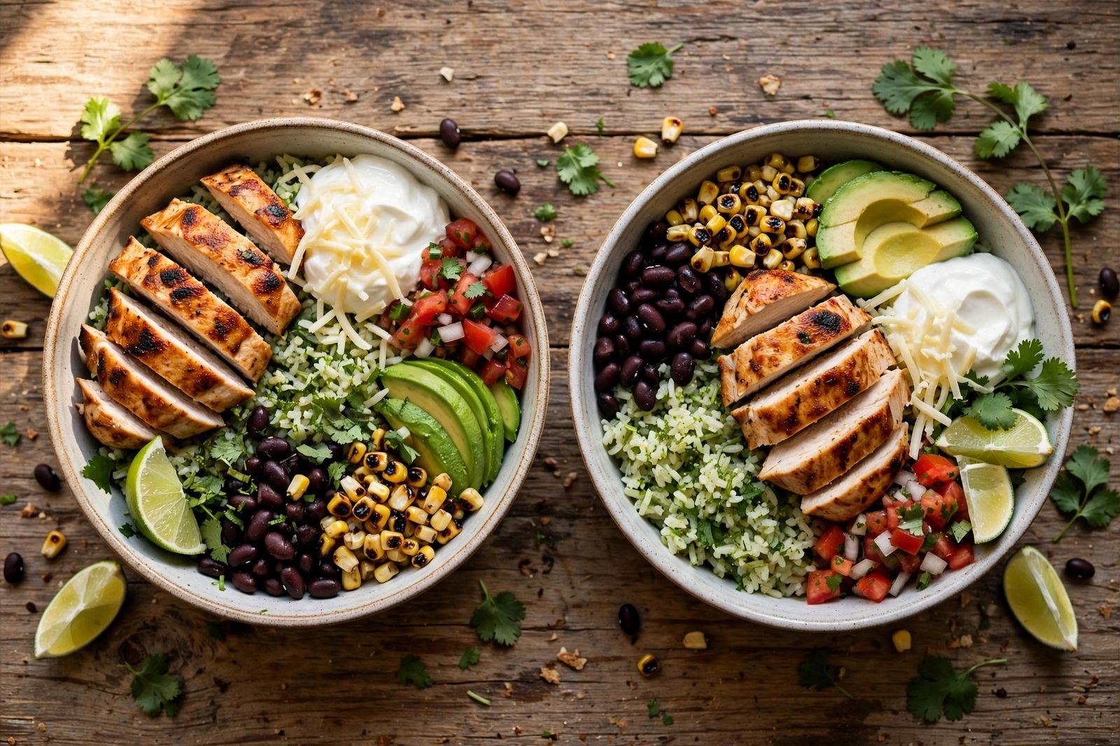 Two finished chicken burrito bowls with all toppings