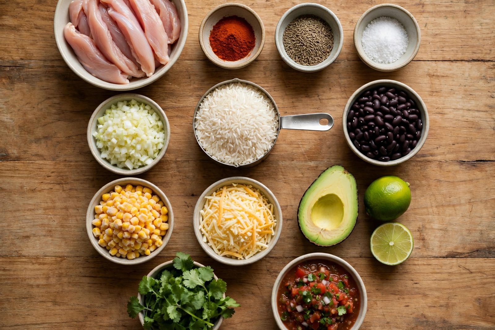 Ingredients for chicken burrito bowls: chicken strips, rice, black beans, corn, avocado, cheese, salsa, lime, cilantro