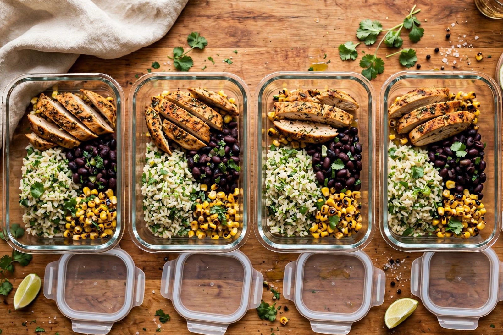 Glass meal-prep containers portioned with burrito bowl components