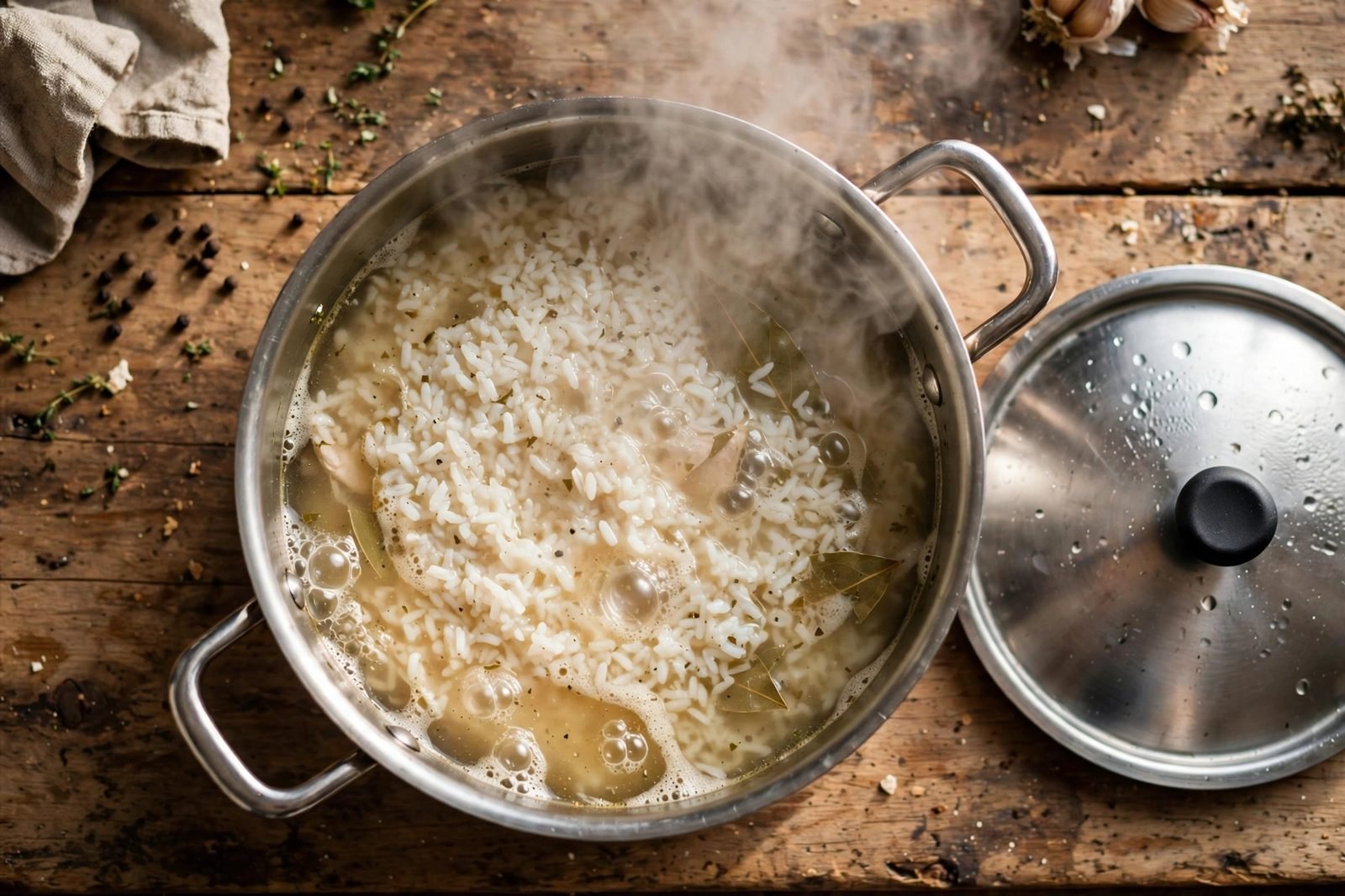 Instant rice simmering in a saucepan with chicken broth