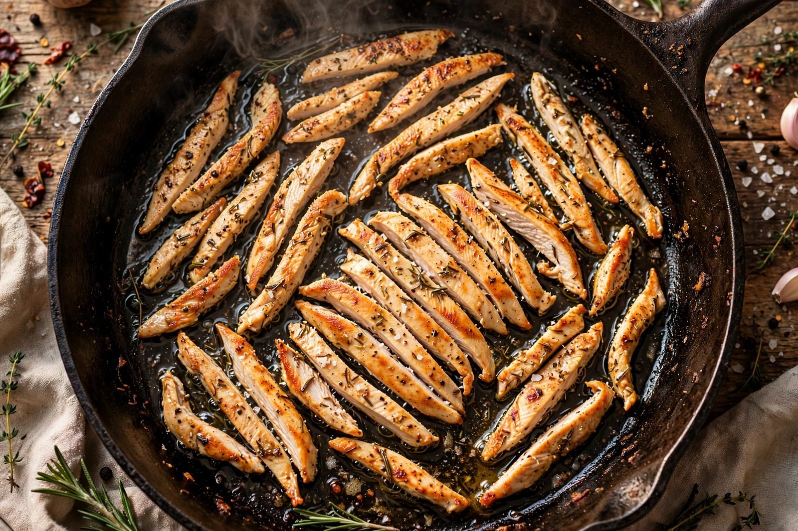 Seasoned chicken strips searing in a hot skillet