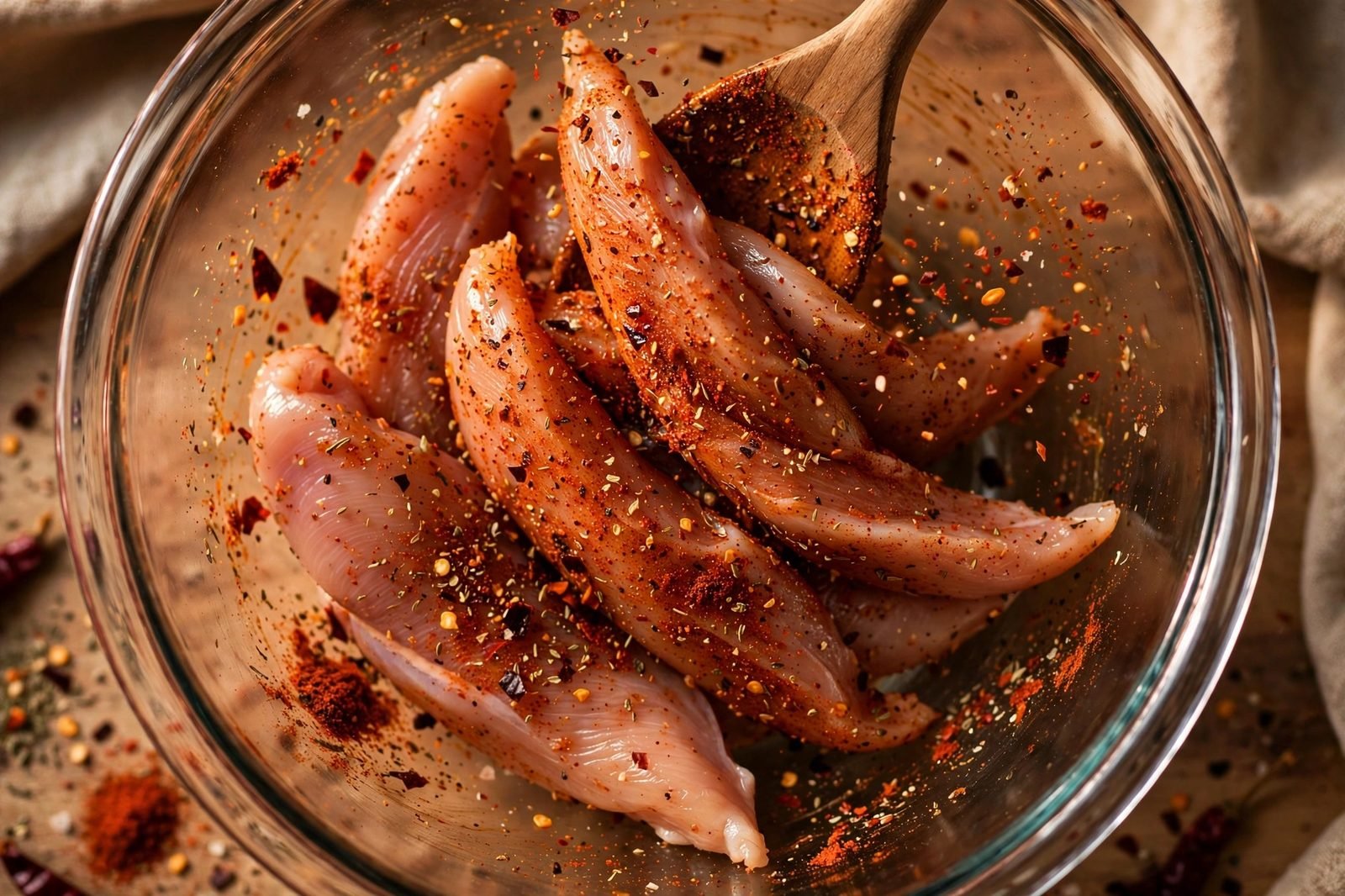 Chicken strips being tossed with burrito seasoning
