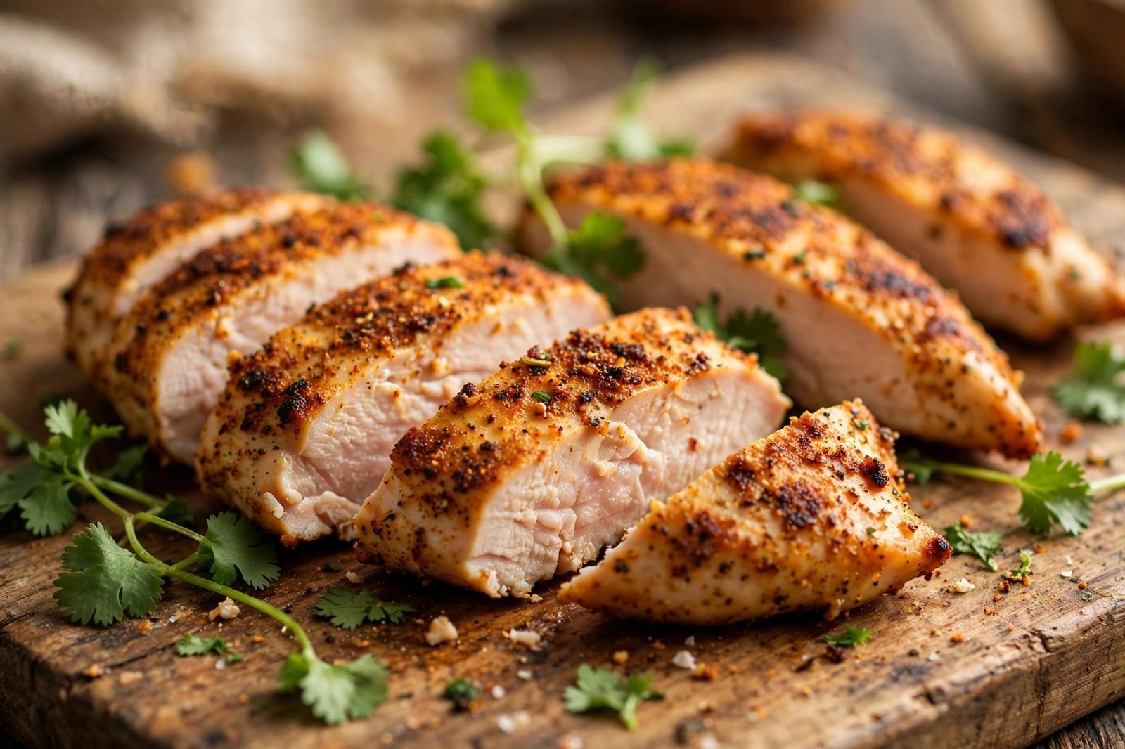 Close-up of sliced seared chicken strips