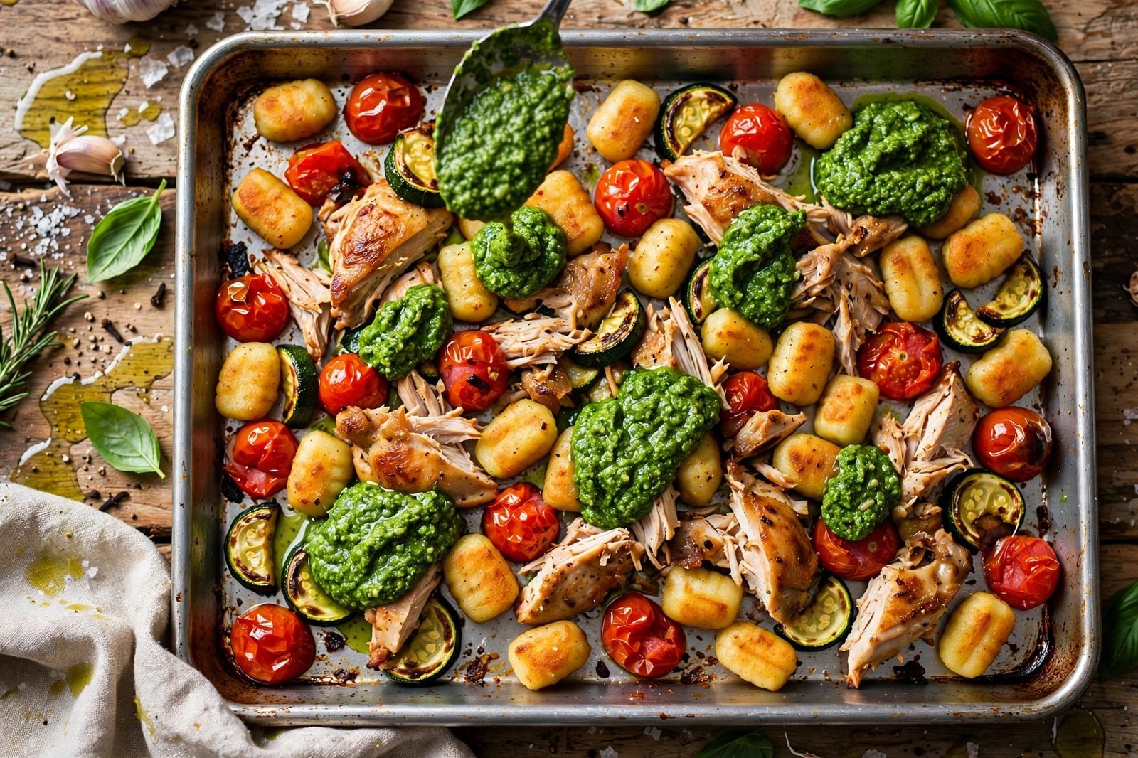 Spoonfuls of basil pesto being added over the hot sheet pan