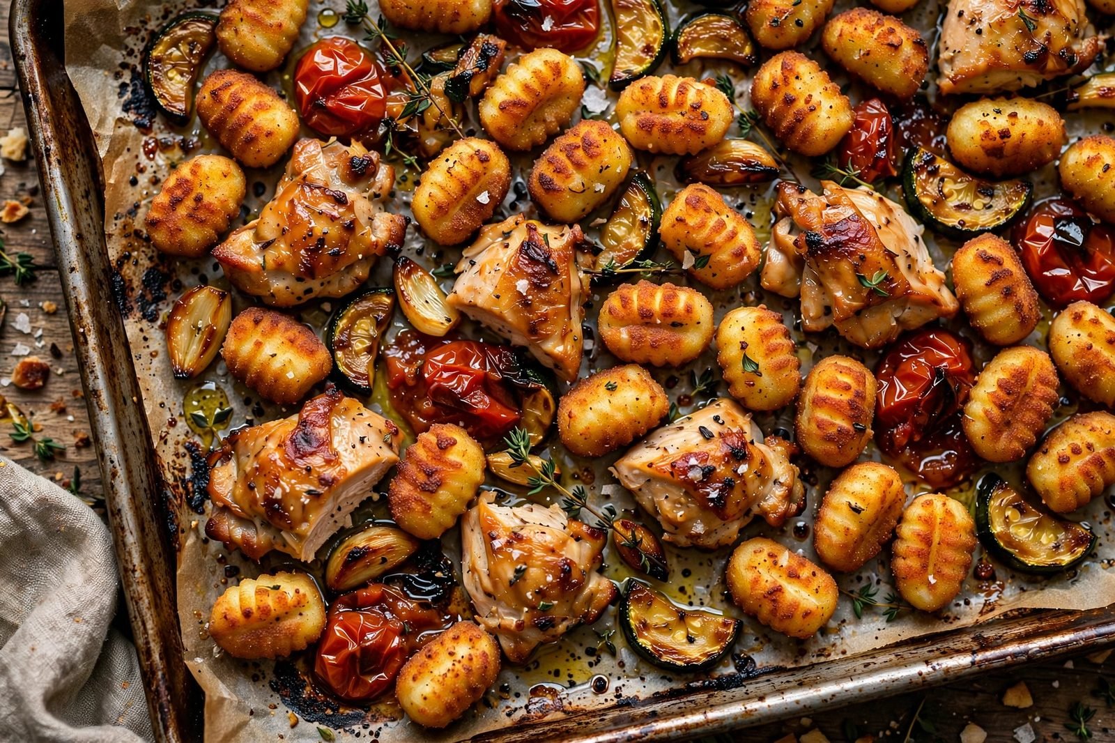 Close-up of crispy roasted gnocchi and chicken