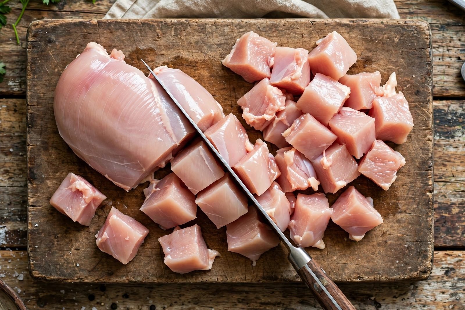 Chicken breast cut into 1-inch pieces on a cutting board