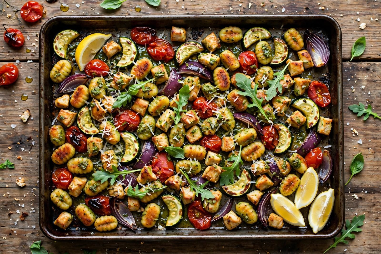 Crispy sheet pan gnocchi with chicken, cherry tomatoes, zucchini, pesto, Parmesan, and arugula
