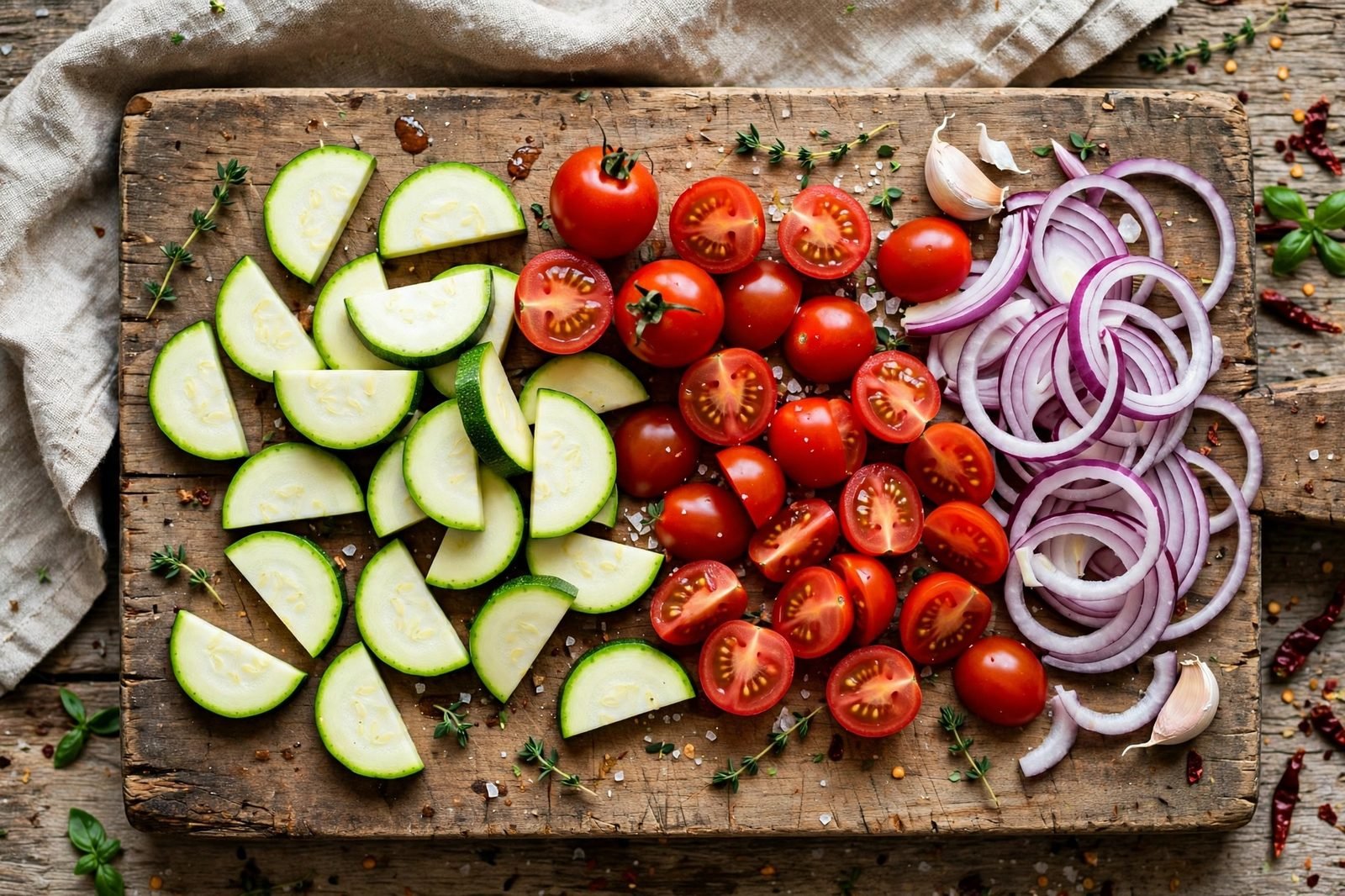 Cherry tomatoes being halved with vegetables on the counter