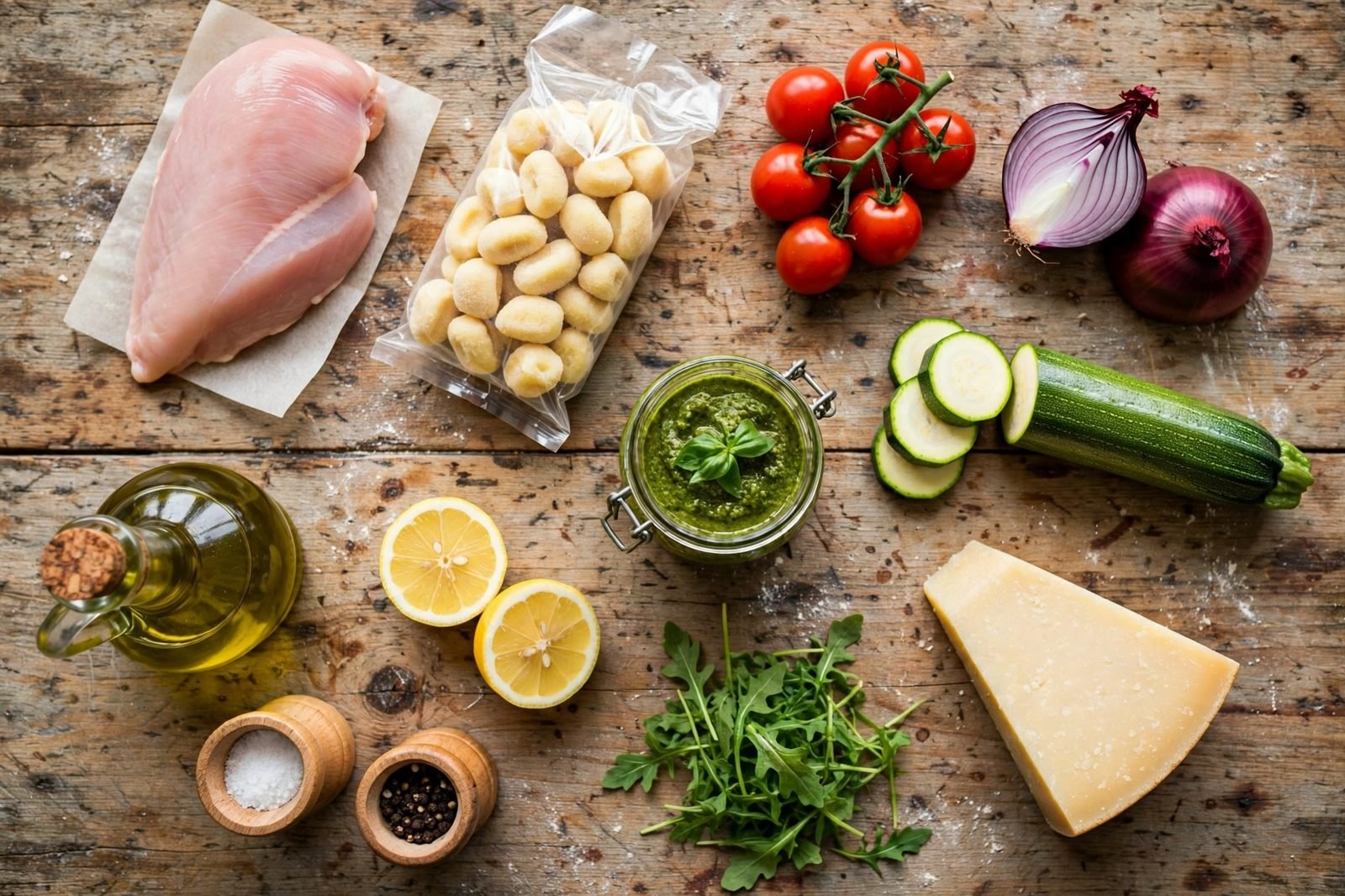Ingredients for sheet pan gnocchi with chicken and pesto arranged on a kitchen counter
