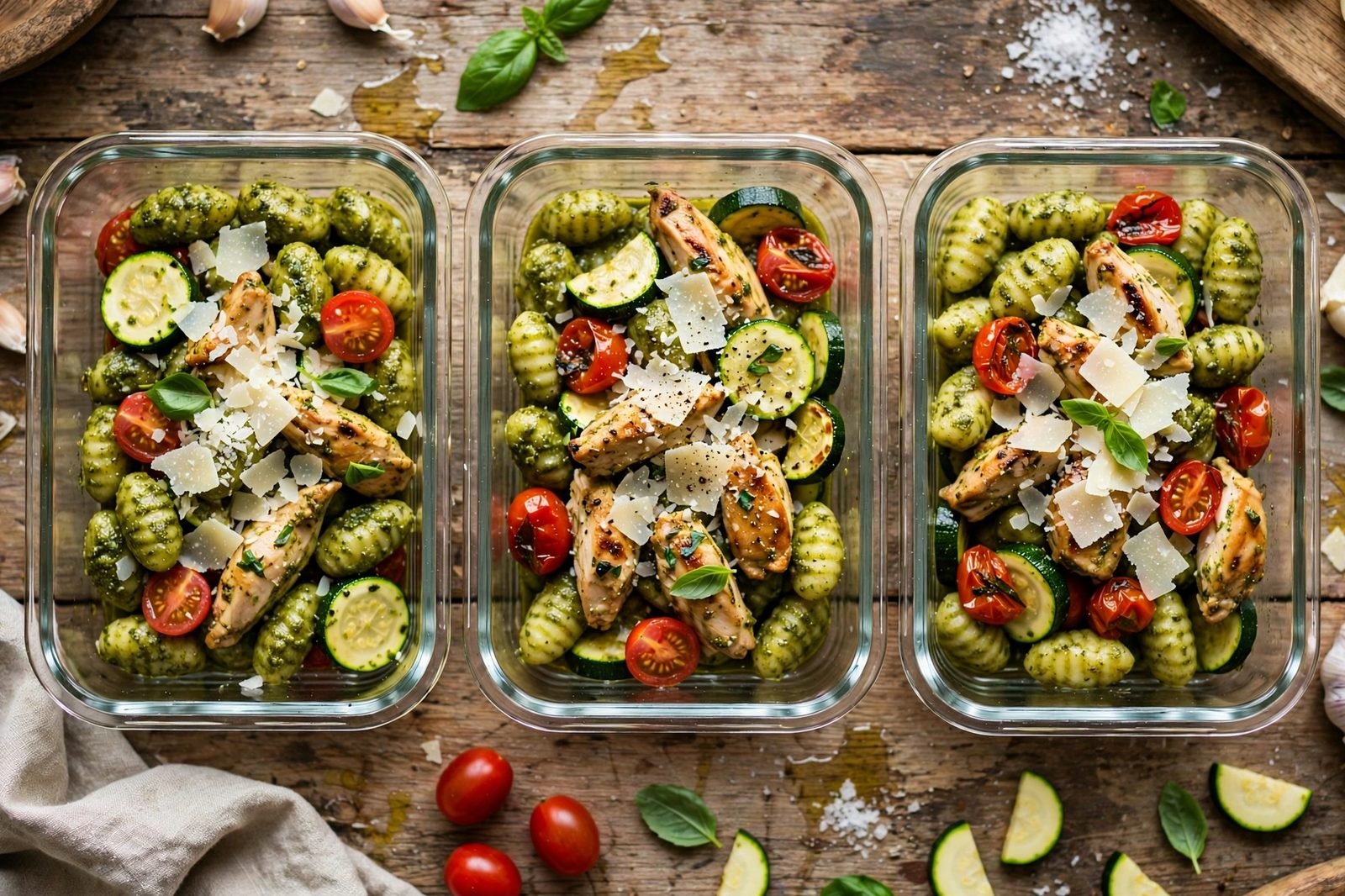 Meal-prep containers of sheet pan gnocchi with chicken and pesto
