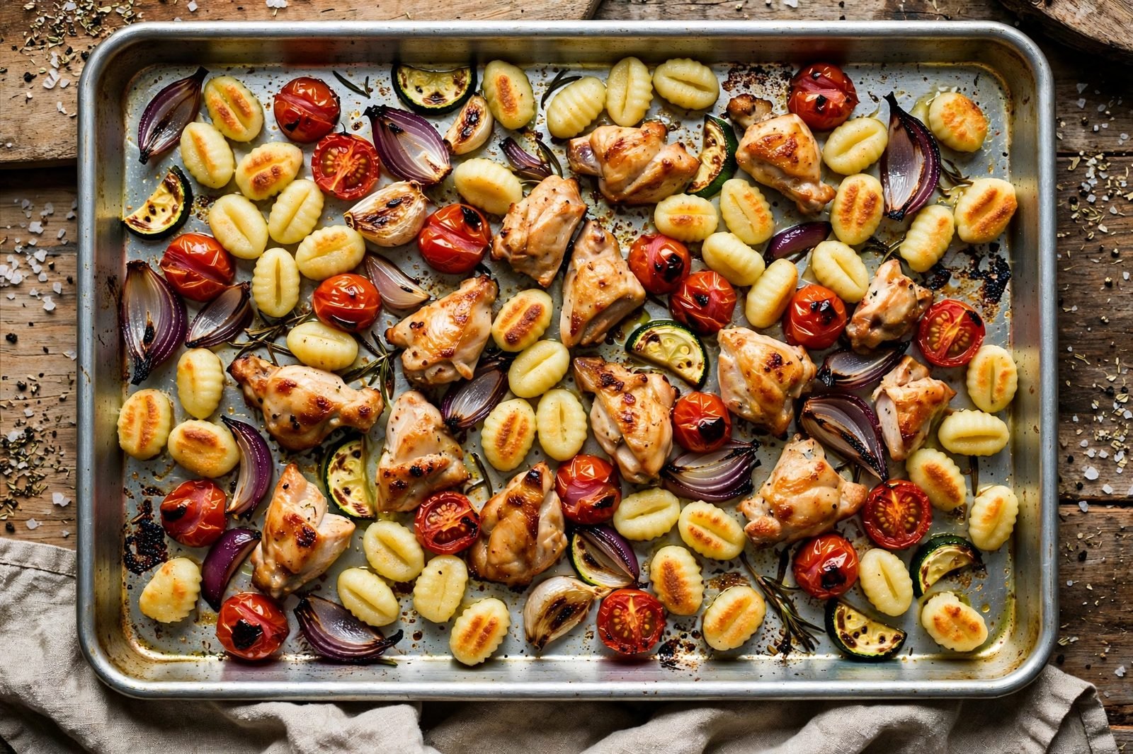 Sheet pan gnocchi mid-roast, edges starting to crisp