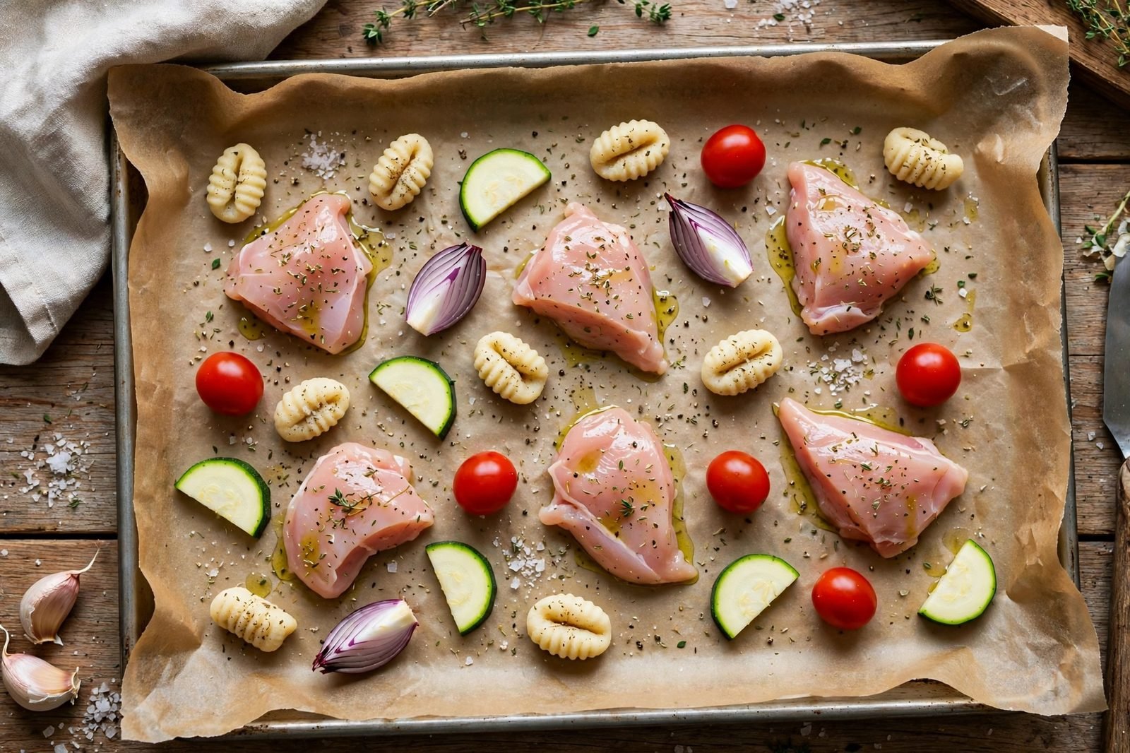 Sheet pan ingredients spread into a single uncrowded layer