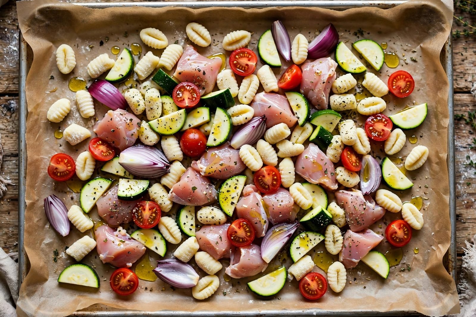 Gnocchi, chicken, and vegetables tossed with oil and seasoning on a sheet pan