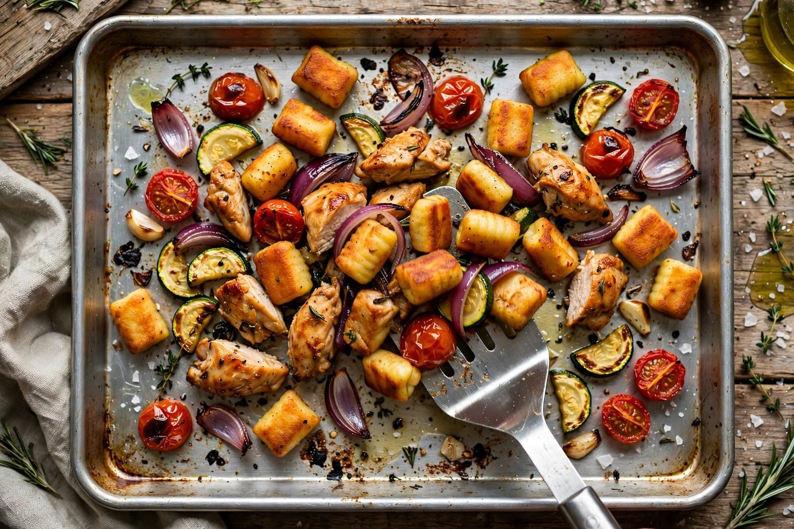 Tossing the sheet pan gnocchi after the first roast