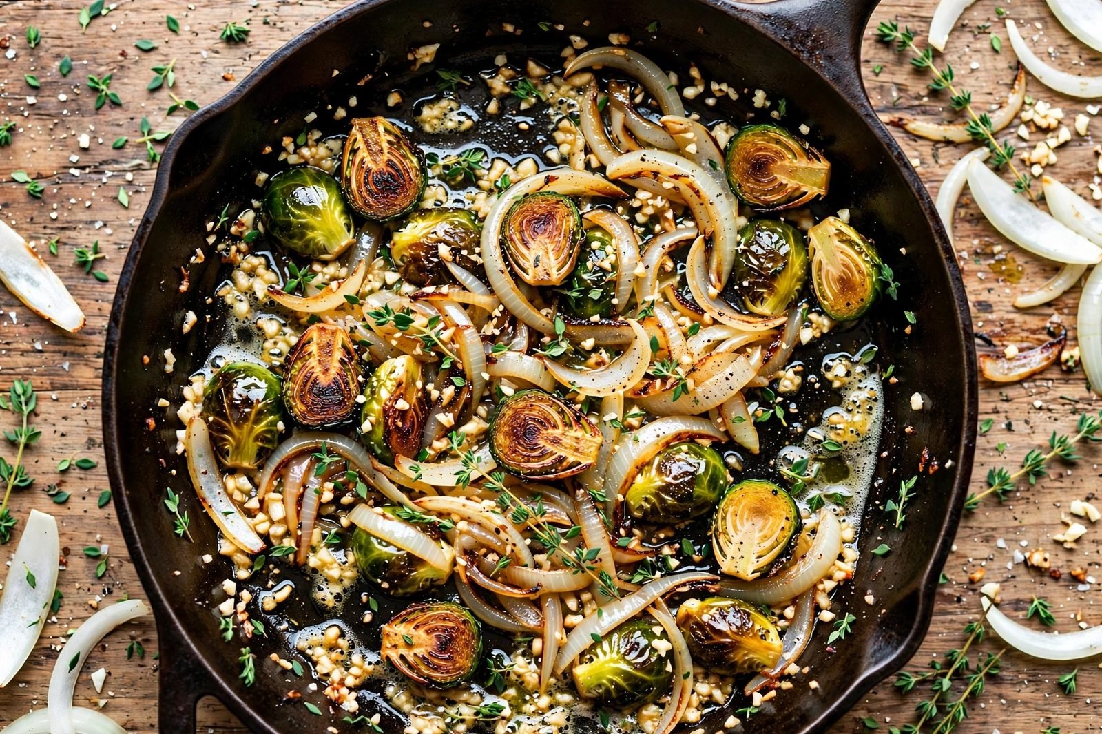 Sliced onion, garlic, and thyme cooking with Brussels sprouts in a skillet