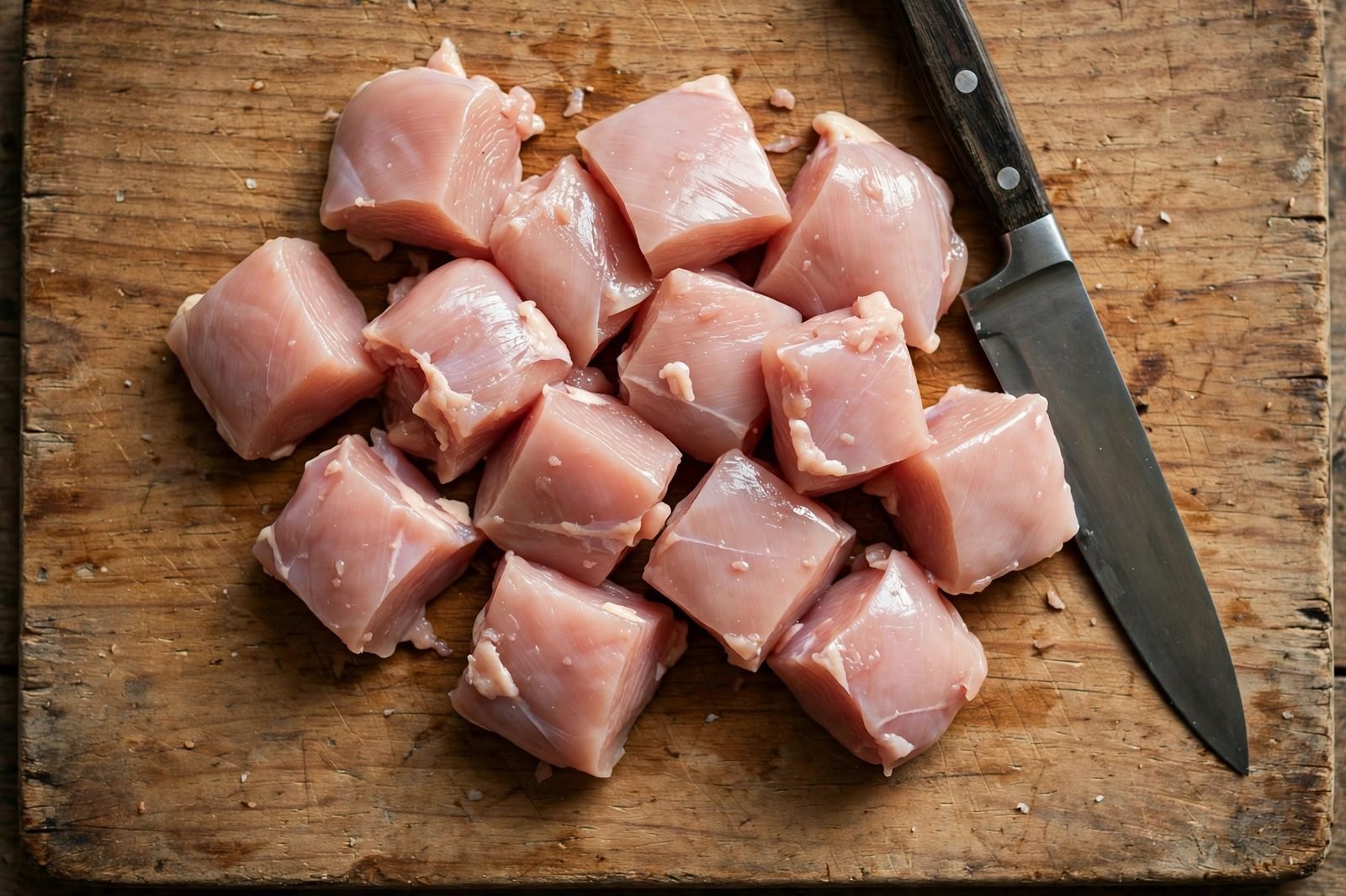 Chicken breast cut into one-inch pieces on a cutting board
