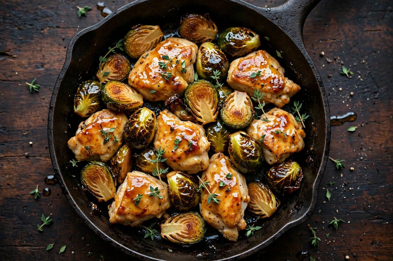 Skillet of honey mustard chicken pieces with caramelized Brussels sprouts in a glossy glaze, garnished with fresh thyme