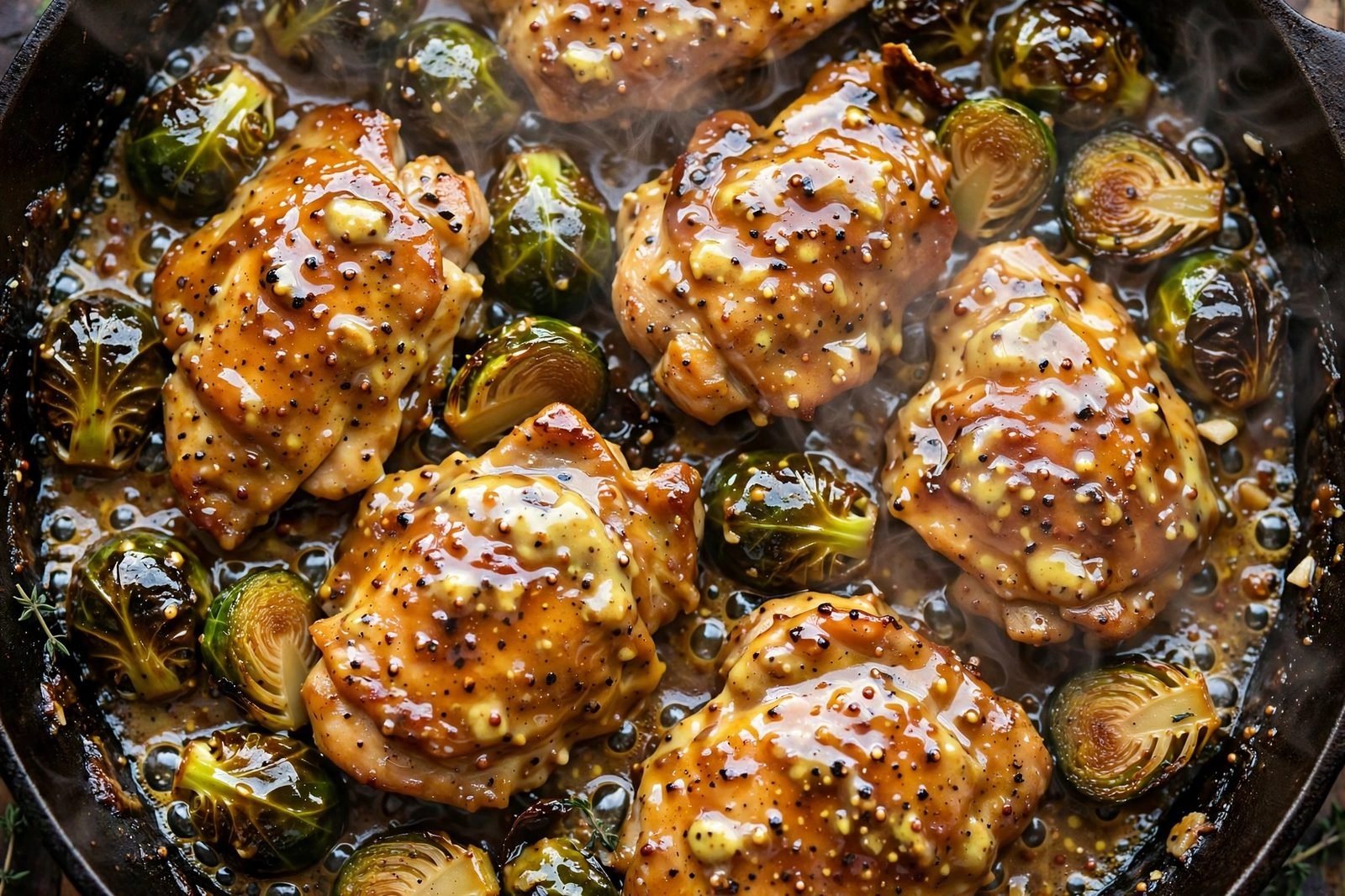 Close-up of honey mustard chicken and Brussels sprouts simmering in a glossy glaze
