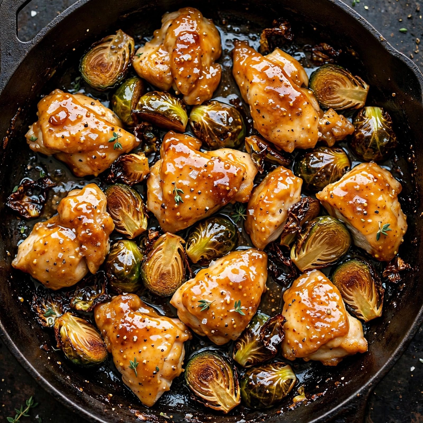 Honey Dijon glaze poured over chicken and Brussels sprouts in a skillet