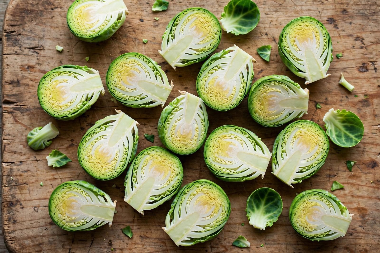 Brussels sprouts trimmed and halved on a cutting board