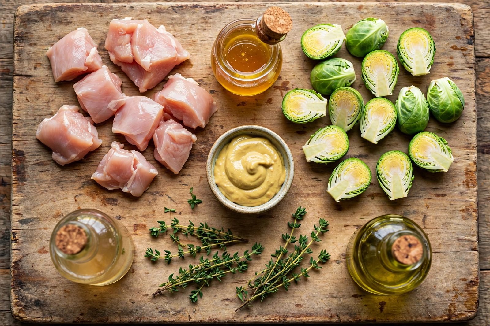 Ingredients for honey mustard chicken skillet arranged on a cutting board: chicken pieces, halved Brussels sprouts, honey, Dijon mustard, vinegar, and thyme
