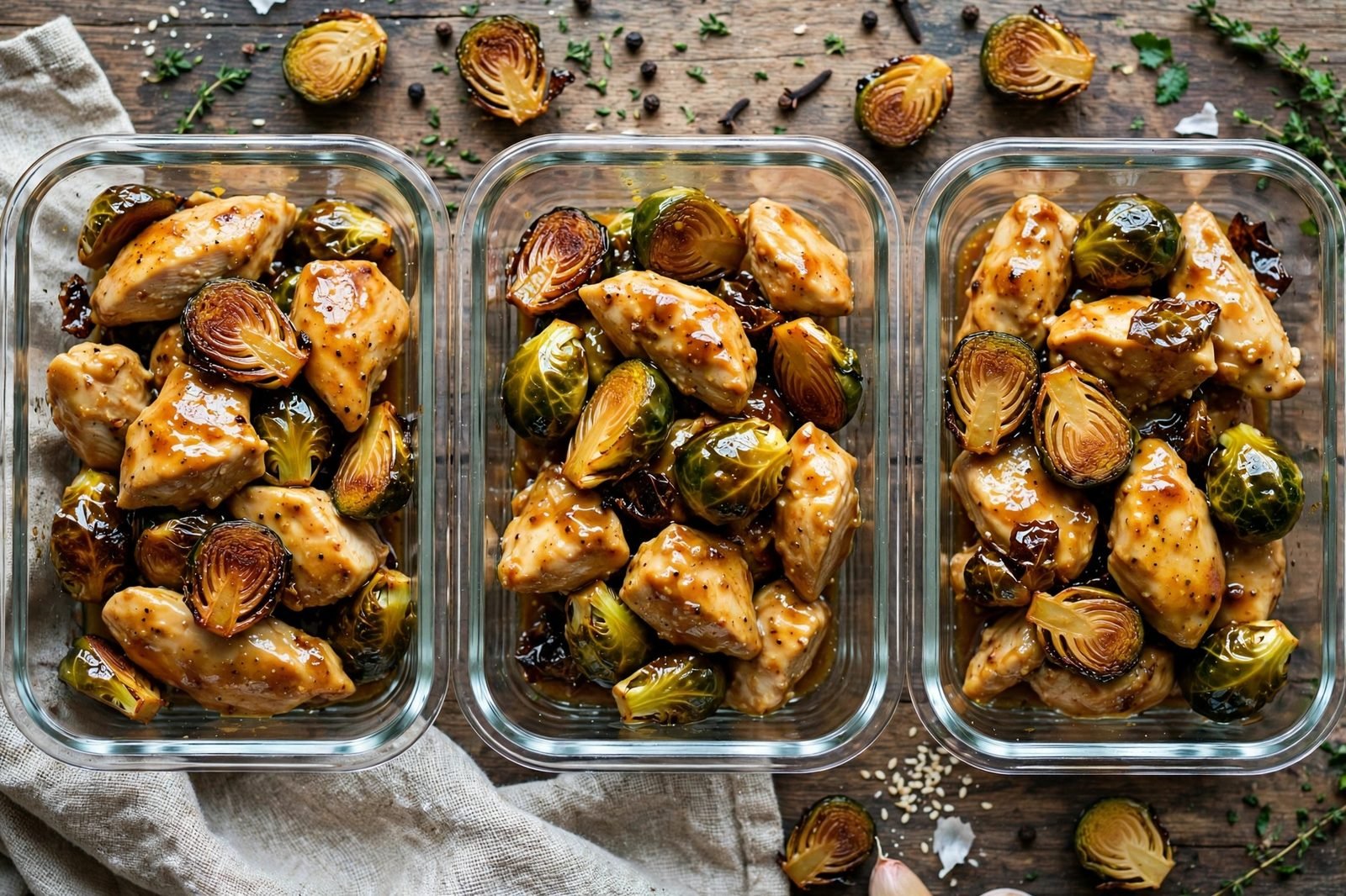Meal prep containers filled with honey mustard chicken and Brussels sprouts