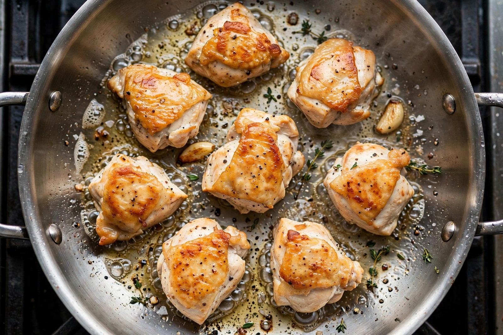 Chicken pieces searing to golden brown in a hot skillet