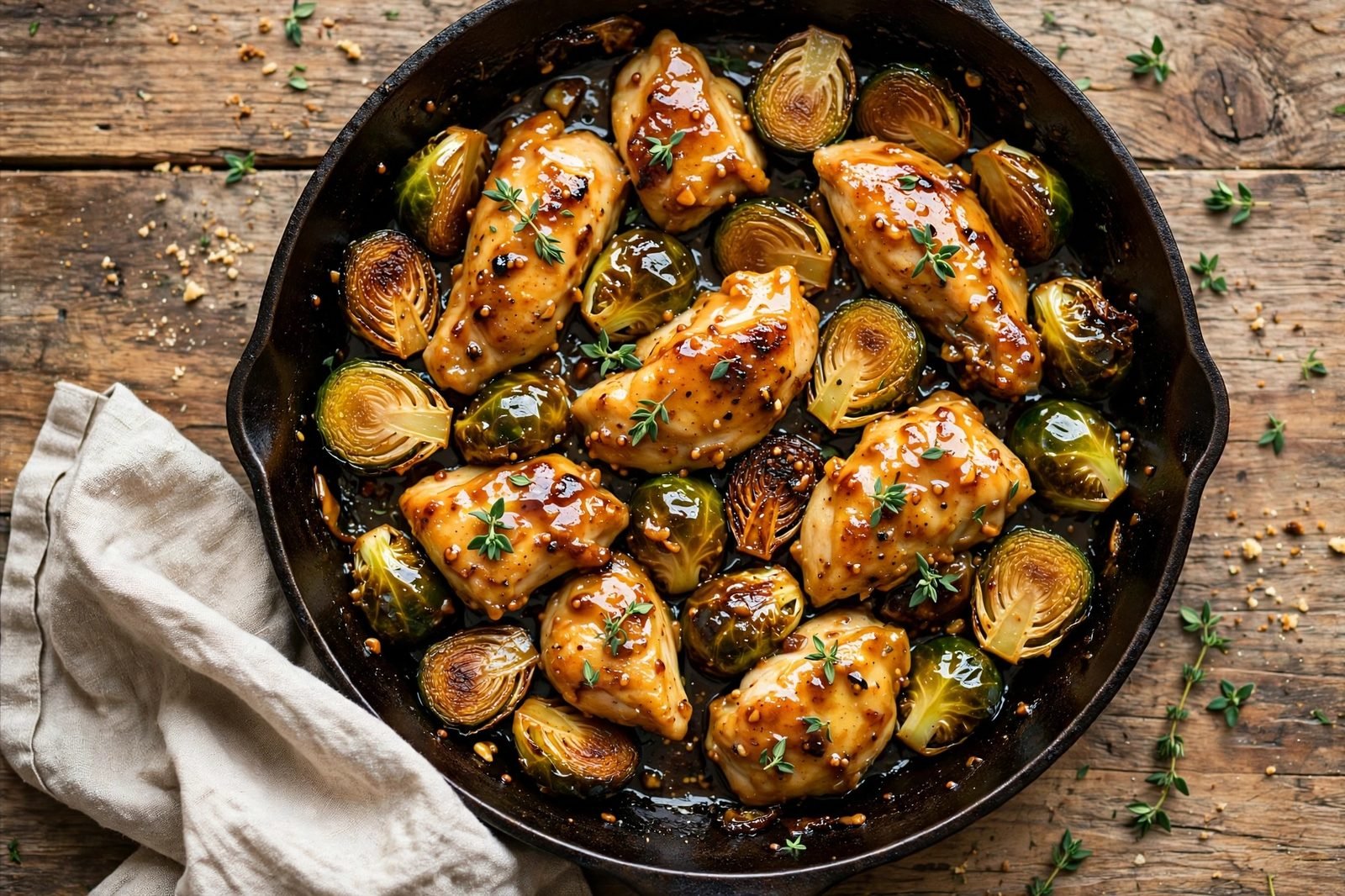 Finished honey mustard chicken and Brussels sprouts skillet garnished with fresh thyme