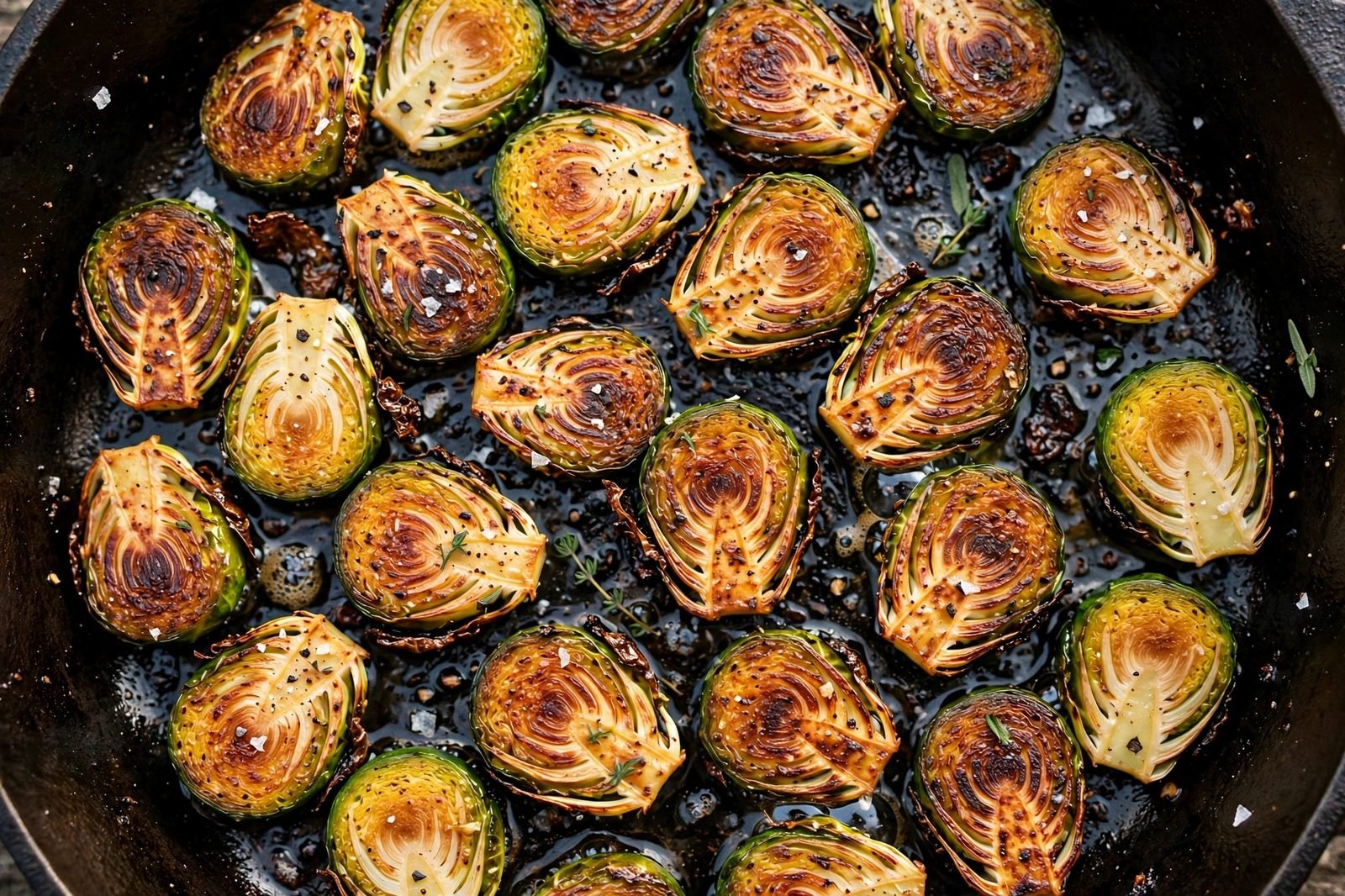 Halved Brussels sprouts searing cut-side down in a skillet