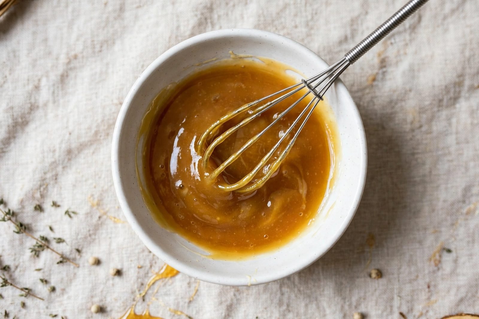 Honey Dijon glaze whisked smooth in a small bowl