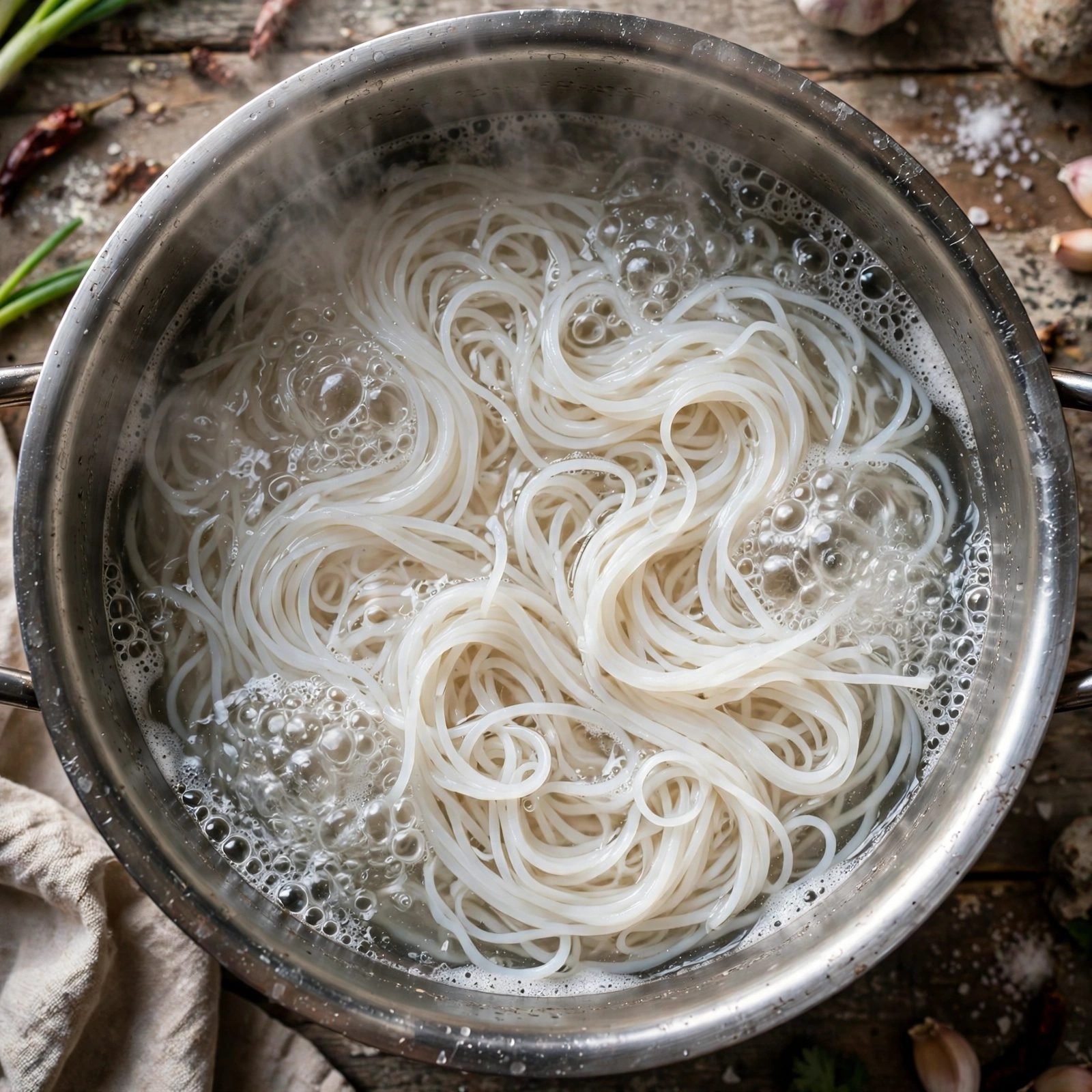 Rice noodles cooking in a pot of boiling water