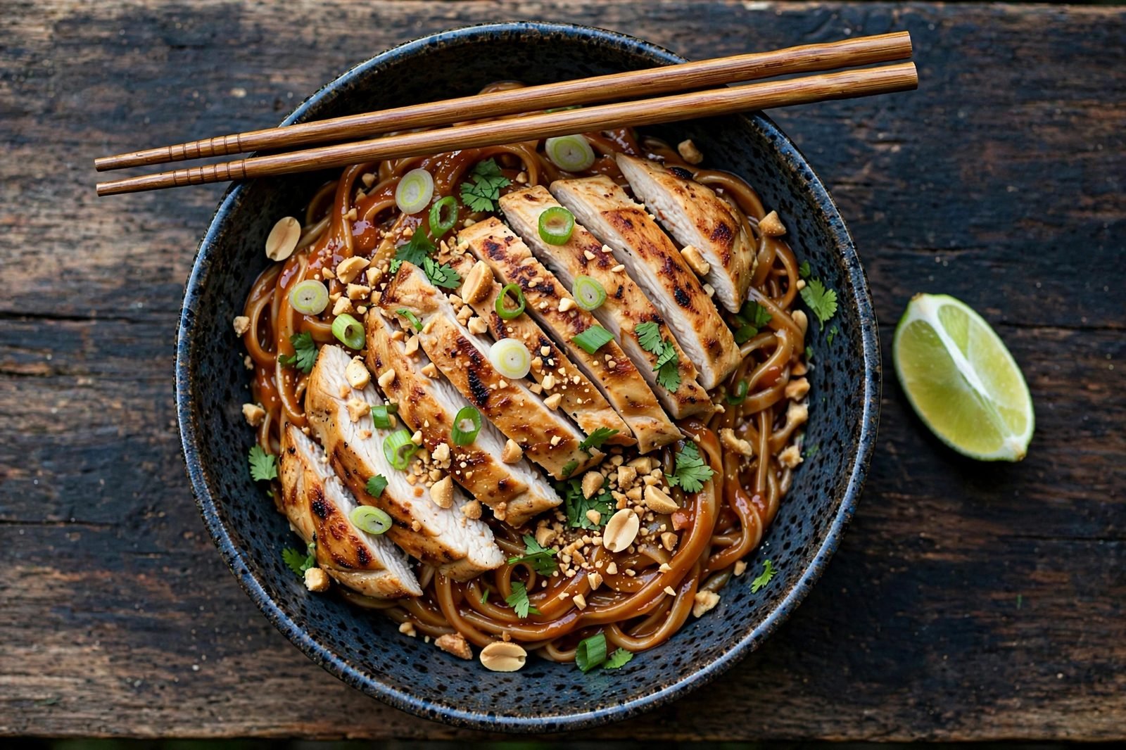 Bowl of spicy peanut noodles with sliced seared chicken, scallions, cilantro, crushed peanuts, and a lime wedge