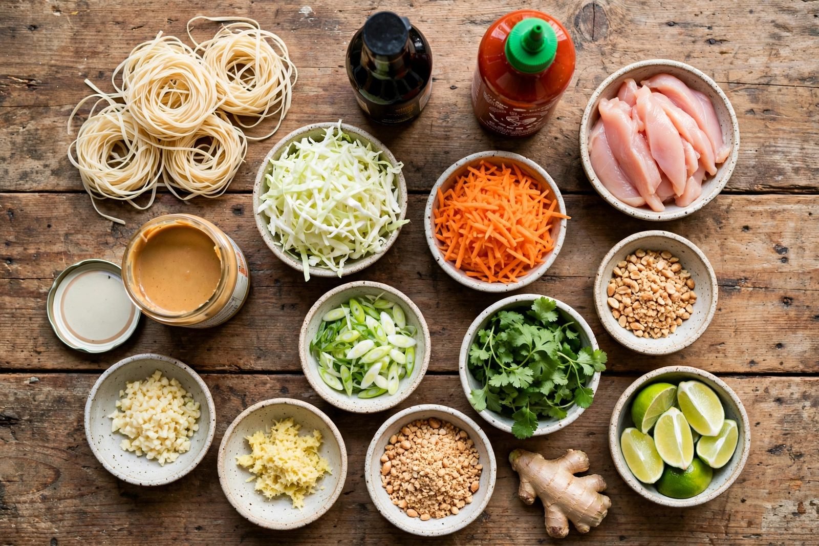 Ingredients for spicy peanut noodles with chicken arranged on a counter