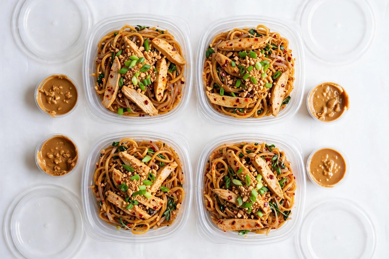Meal prep containers filled with spicy peanut noodles and chicken