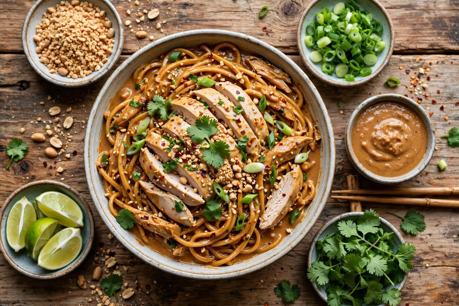 Overhead spread of spicy peanut noodle bowls with lime wedges