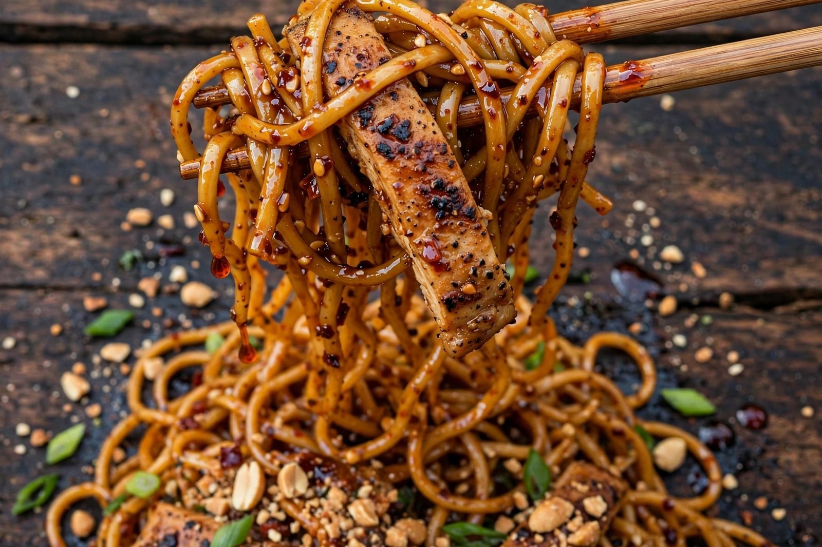 Close-up of glossy peanut sauce coating noodles