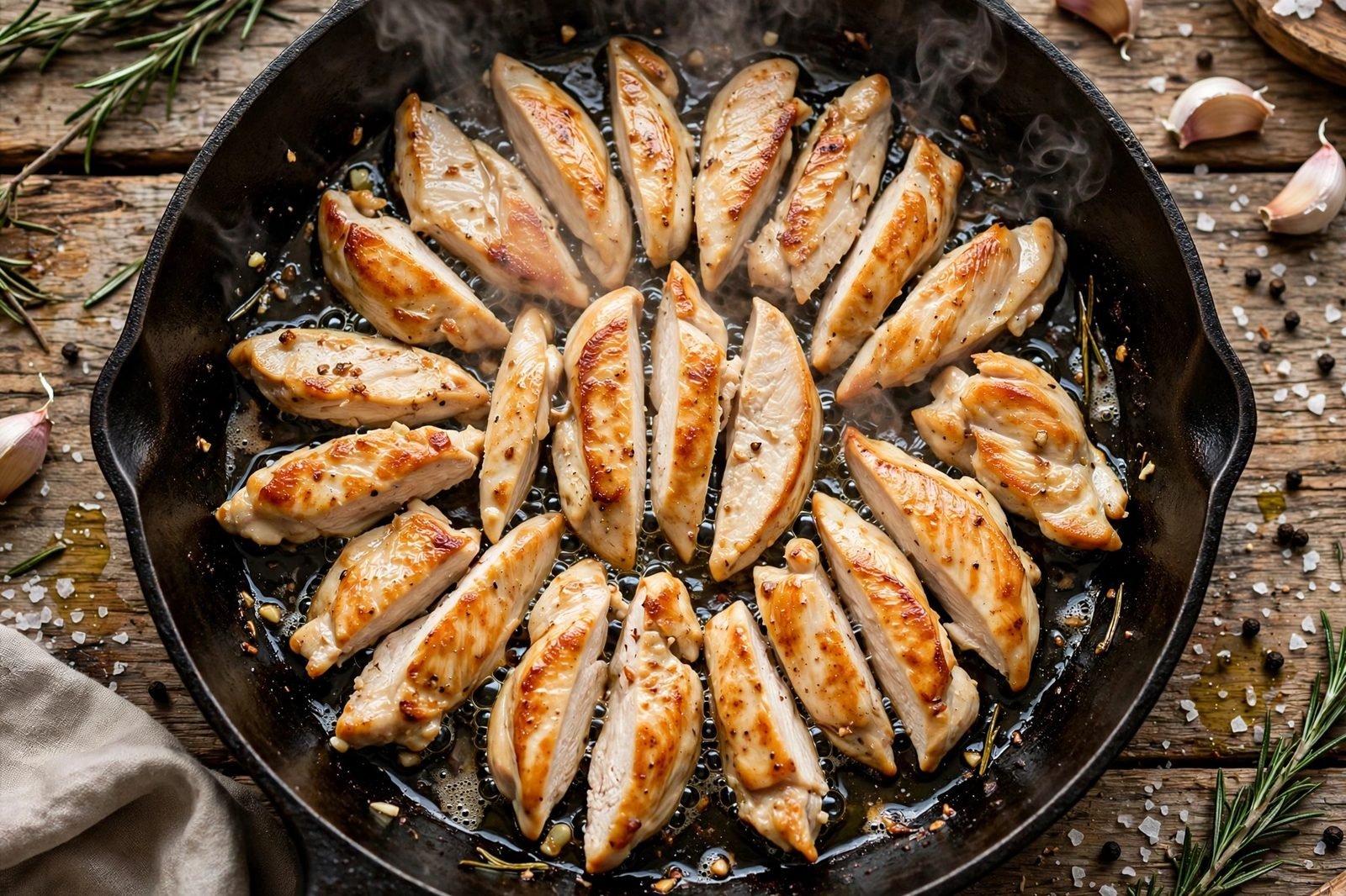Thin-sliced chicken searing in a hot skillet